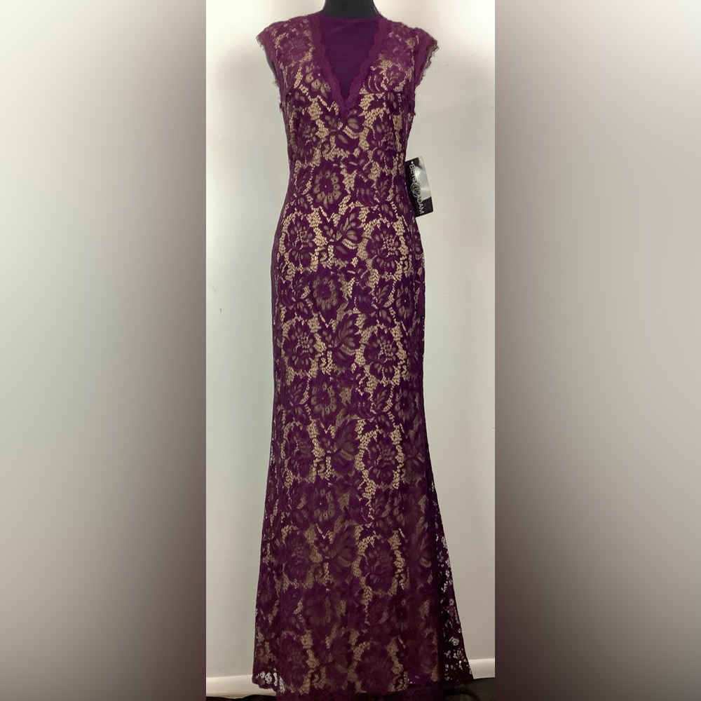NWT Betsy & Adam Lace Deep V-Neck Illusion Dress Size 6 Plum Purple